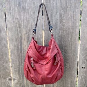 Tylie Malibu Exeter Red Leather Slouchy Studded Shoulder Hobo Bag Purse.